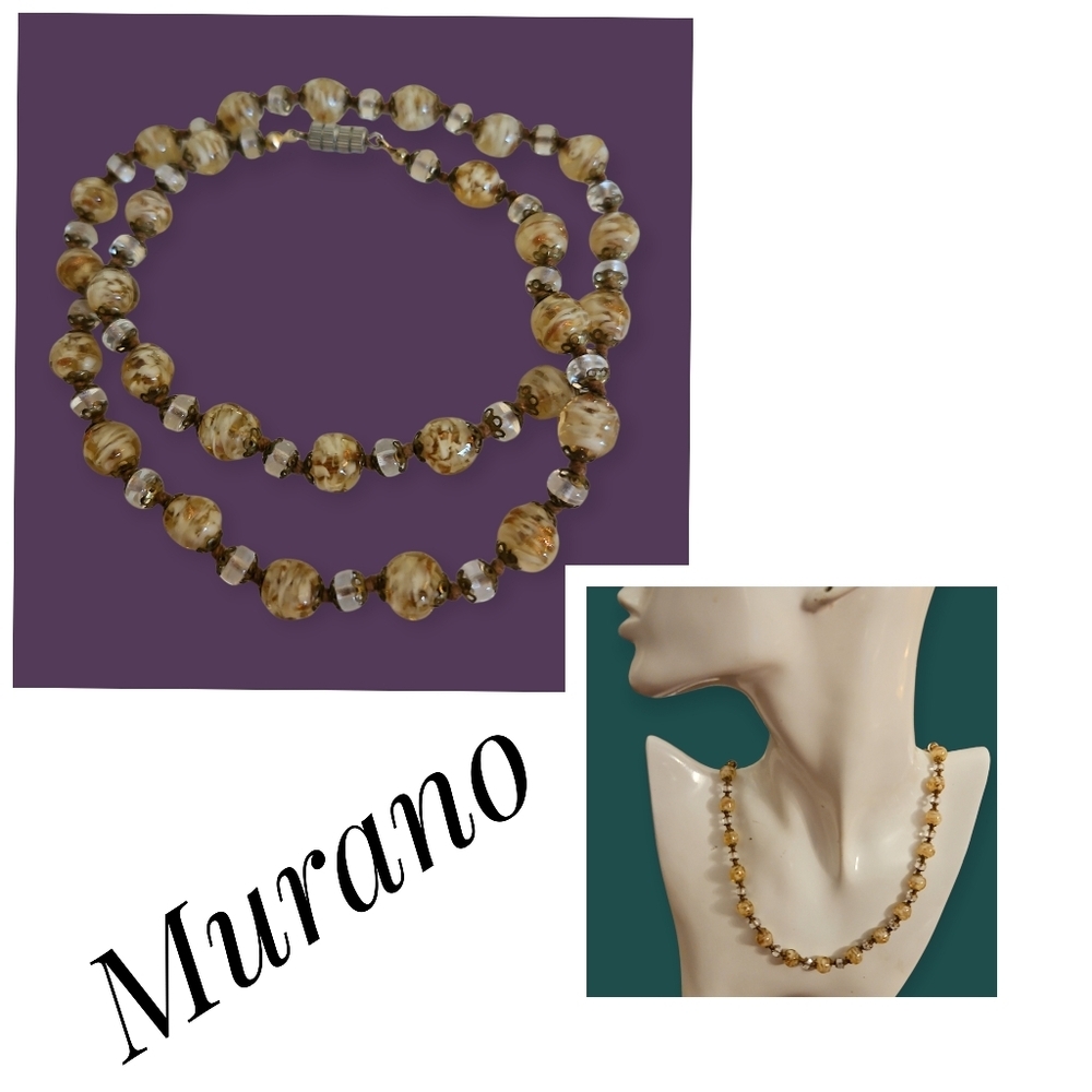 Vintage Murano Venetian Sommerso Golden Glass Knot Beaded Necklace
